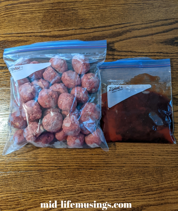 BBQ Meatballs and sauce packaged for the freezer.